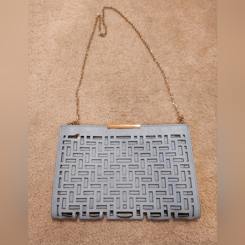 Sky Blue Purse Clutch with Gold Chain and Geometric pattern